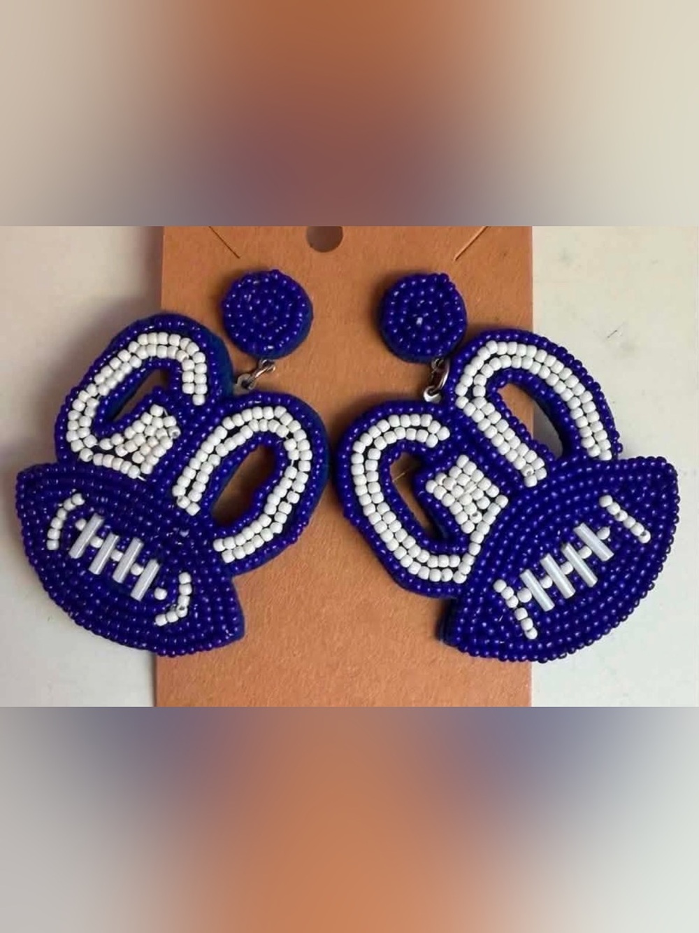 Blue and White Beaded Football Hoop Earrings